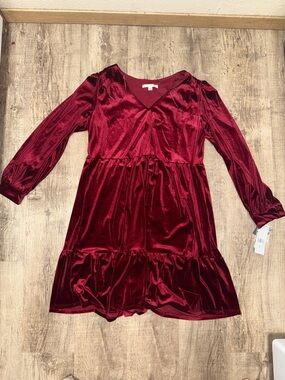 Studio One Burgundy Velvet V-Neck Ruffle Hem Dress